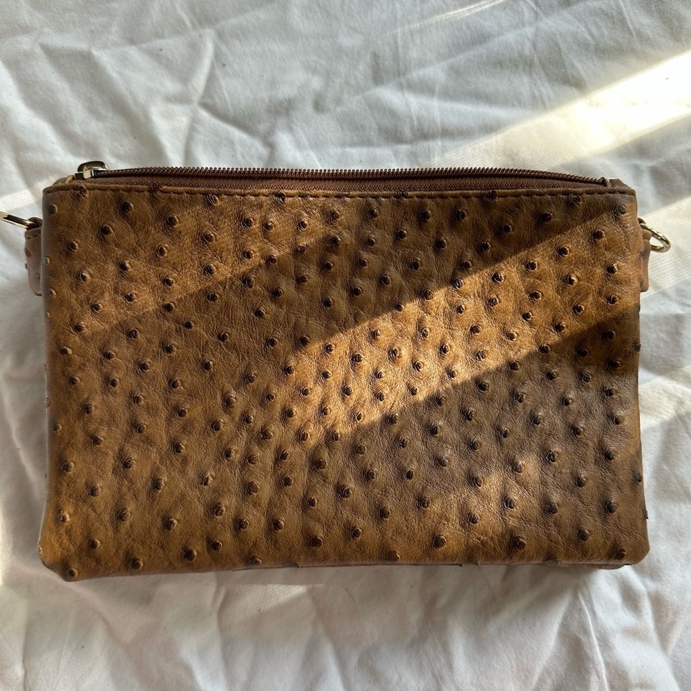 Tan Cream Faux Ostrich Triple Zip Crossbody Bag